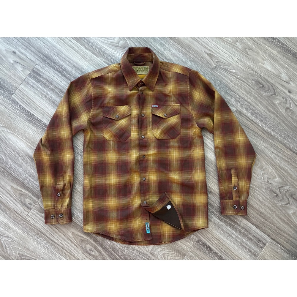 Dixxon Flannel Co Goldfield Plaid D-Tech Snap Button Shirt Mens Small Brown Gold